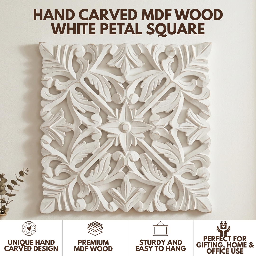 Antique Square MDF Wooden Jharokha - White Petal