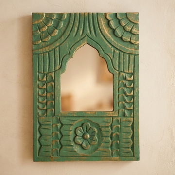 Green MDF Wooden Jharokha with Mirror - Queen's Balcony