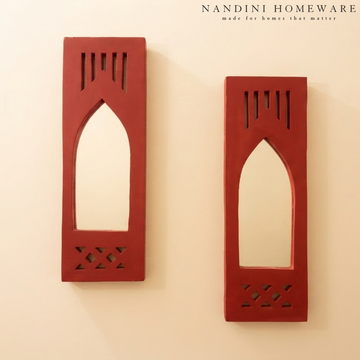 Red MDF Wooden Jharokha with Mirror - Red Modern Set of 2