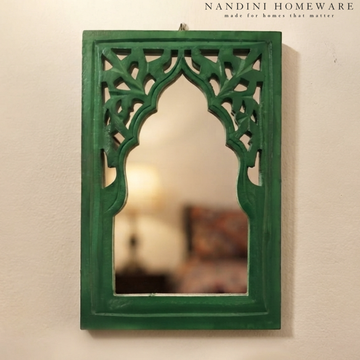 Green MDF Wooden Jharokha with Mirror - Green Rajasthani