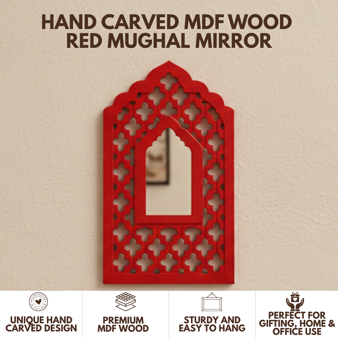 Red MDF Wooden Jharokha with Mirror - Red Mughal