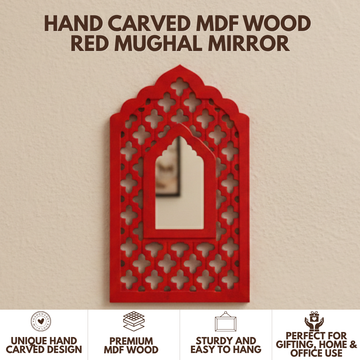 Red MDF Wooden Jharokha with Mirror - Red Mughal