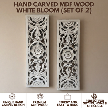 White MDF Wooden Jharokha with Mirror - White Bloom Panel (Set of 2)