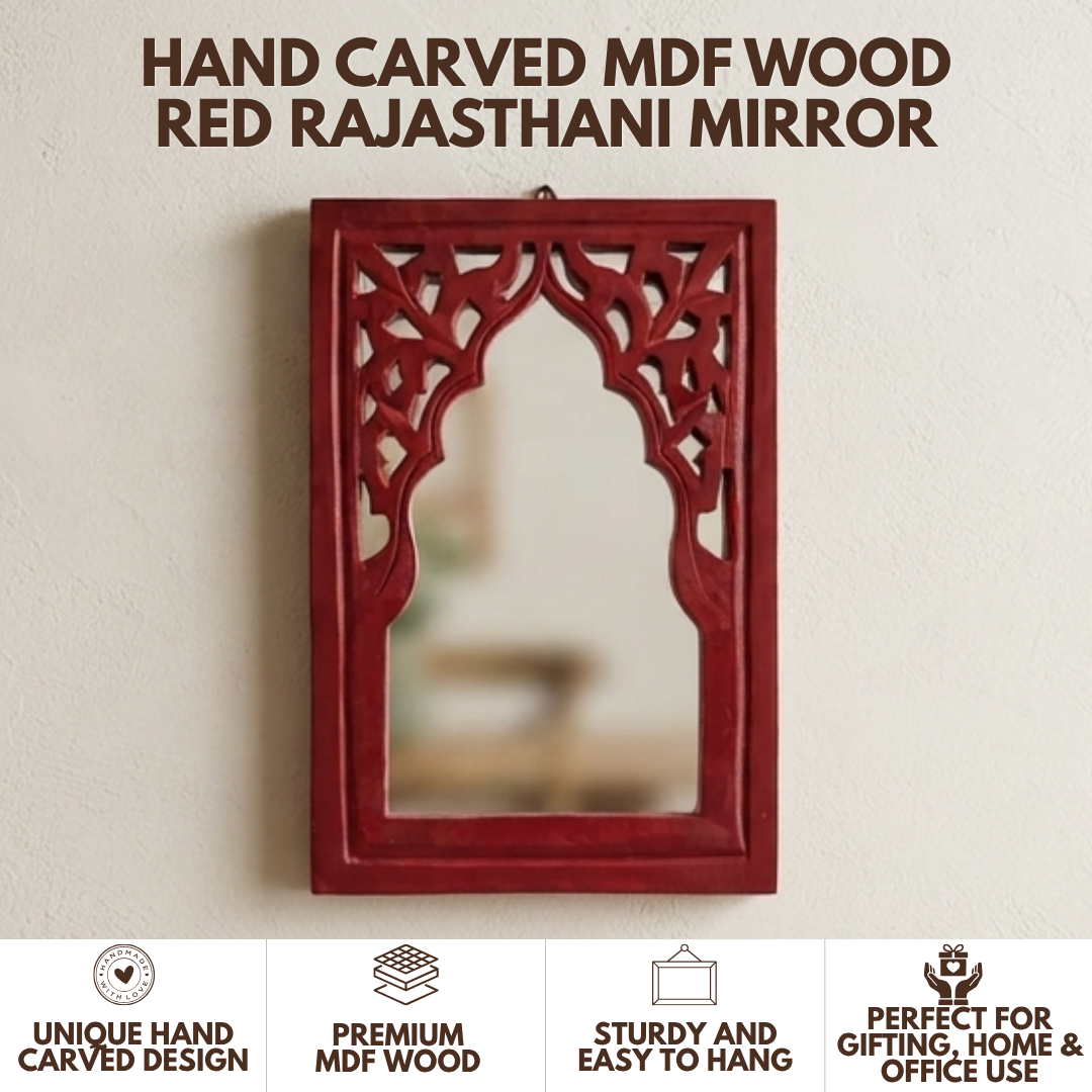 Red MDF Wooden Jharokha with Mirror - Red Rajasthani