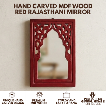 Red MDF Wooden Jharokha with Mirror - Red Rajasthani