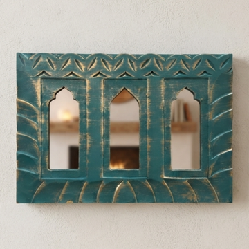 Teal MDF Wooden Jharokha with Mirror - Teal Triple Mirror