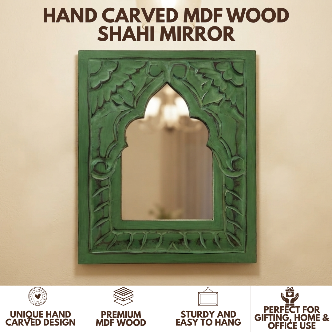 Green MDF Wooden Jharokha with Mirror - Shahi Mirror