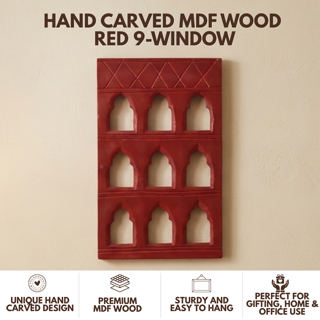 Red MDF Wooden Jharokha - Red Nine-Window