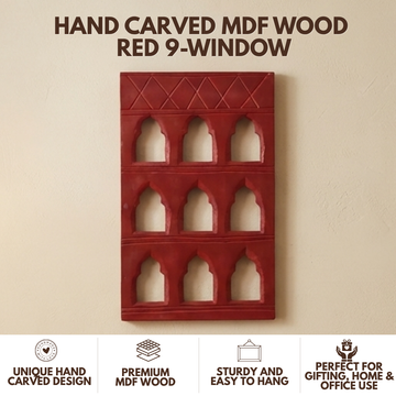 Red MDF Wooden Jharokha - Red Nine-Window