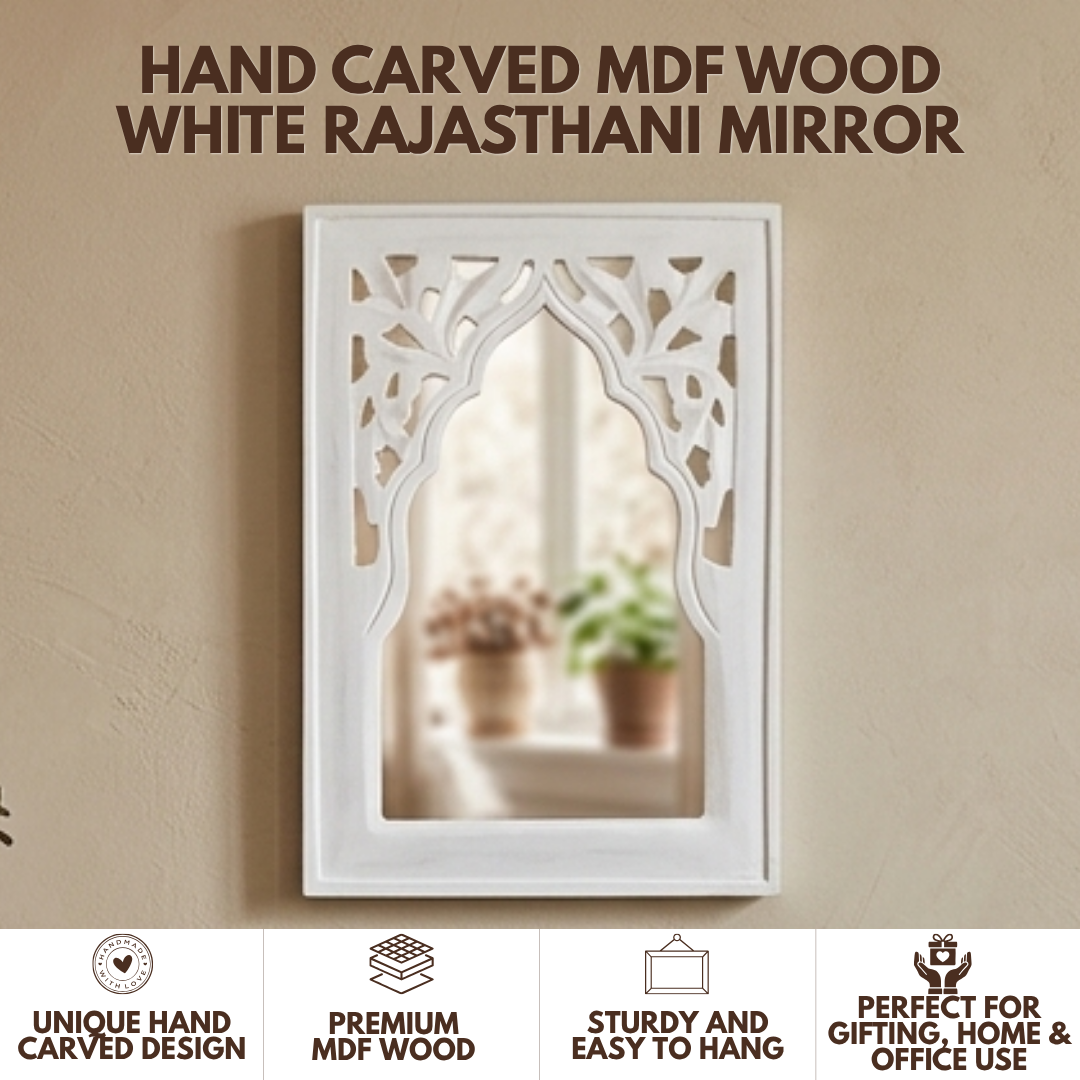 White MDF Wooden Jharokha with Mirror - White Rajasthani