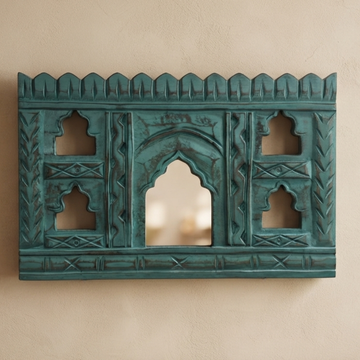 Teal MDF Wooden Jharokha with Mirror - Teal Mahal Mirror