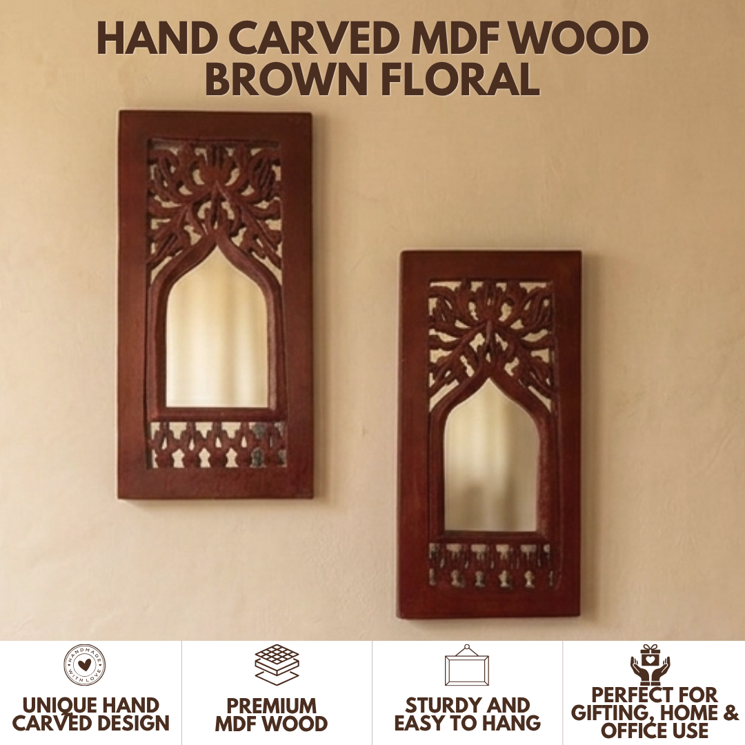 Brown MDF Wooden Jharokha with Mirror - Brown Floral Set of 2