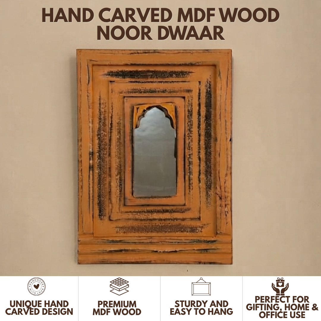 Antique Orange MDF Wooden Jharokha with Mirror - Noor Dwaar