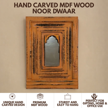 Antique Orange MDF Wooden Jharokha with Mirror - Noor Dwaar