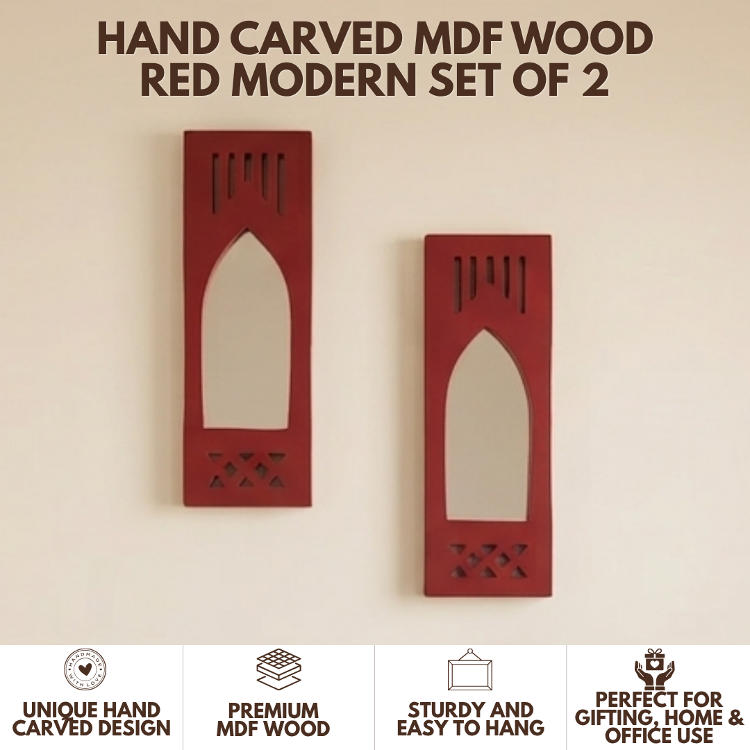 Red MDF Wooden Jharokha with Mirror - Red Modern Set of 2