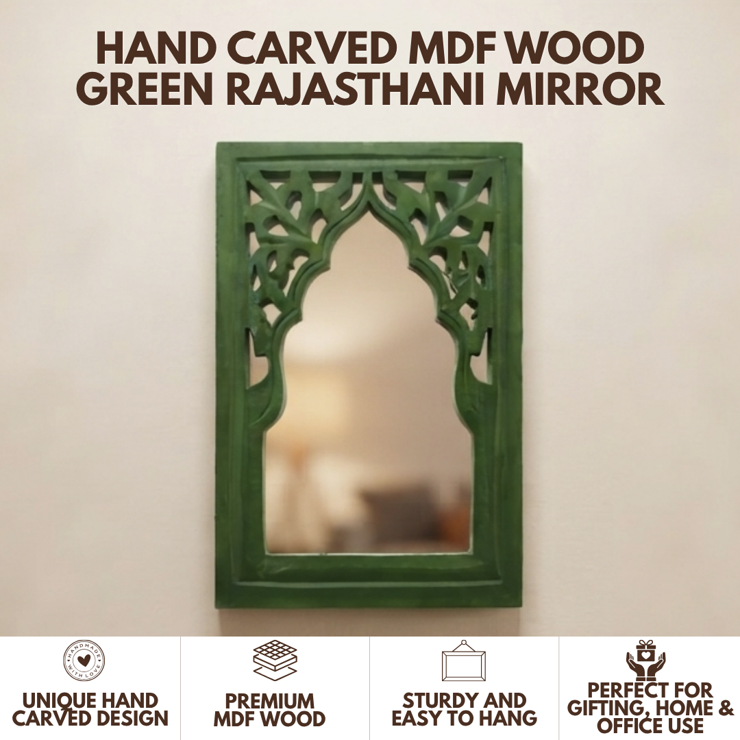 Green MDF Wooden Jharokha with Mirror - Green Rajasthani
