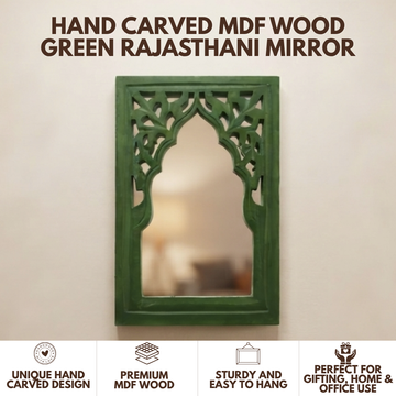 Green MDF Wooden Jharokha with Mirror - Green Rajasthani