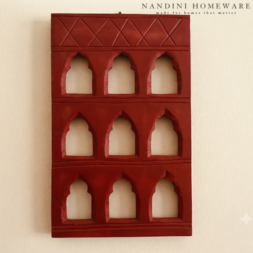 Red MDF Wooden Jharokha - Red Nine-Window