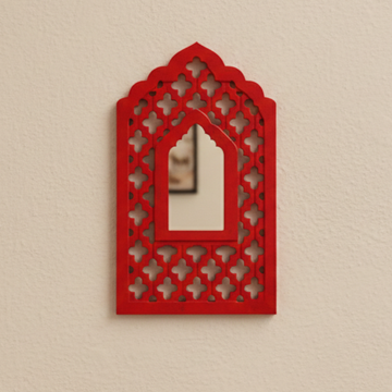 Red MDF Wooden Jharokha with Mirror - Red Mughal