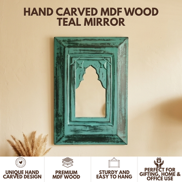 Antique MDF Wooden Jharokha with Mirror - Teal Mirror
