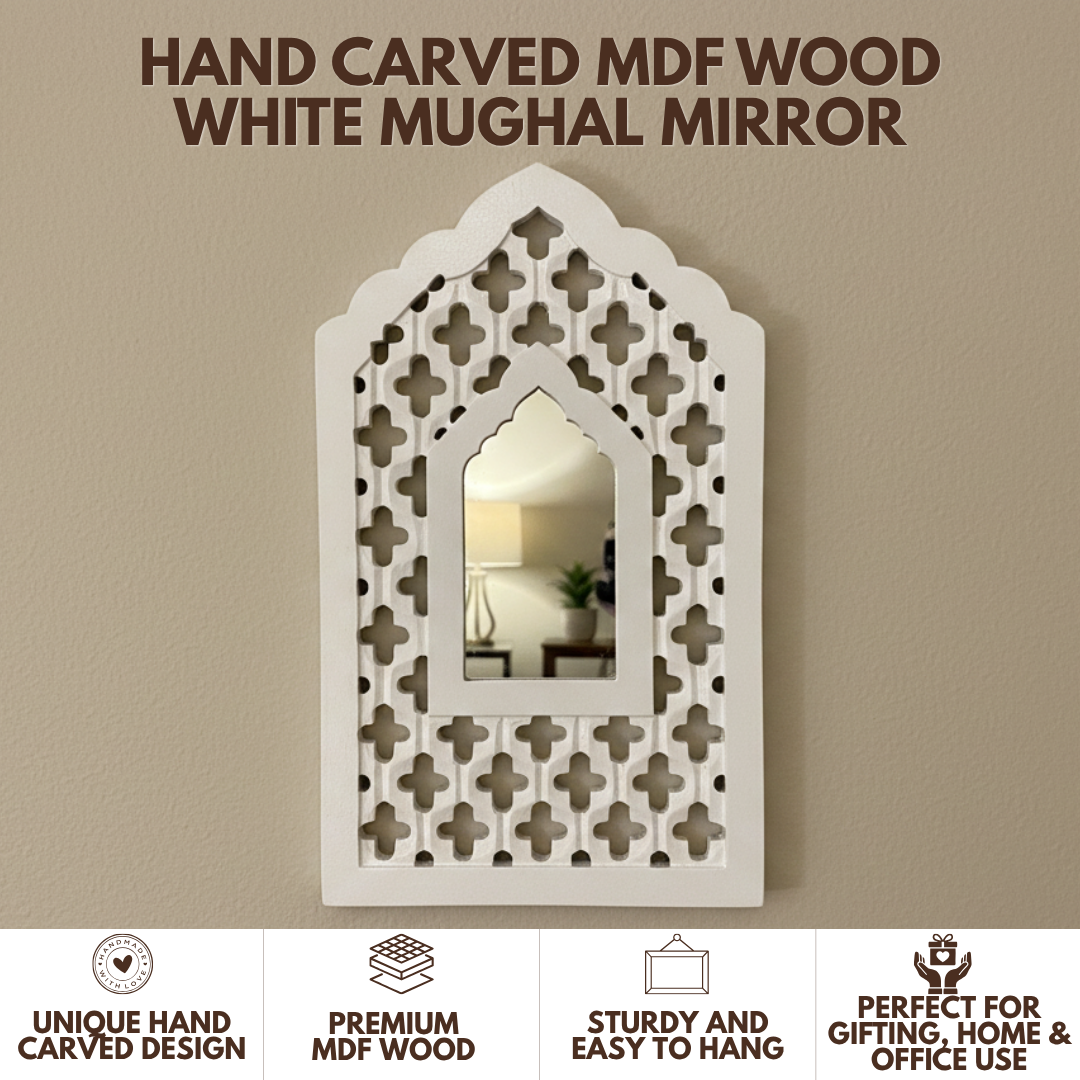 White MDF Wooden Jharokha with Mirror - White Mughal