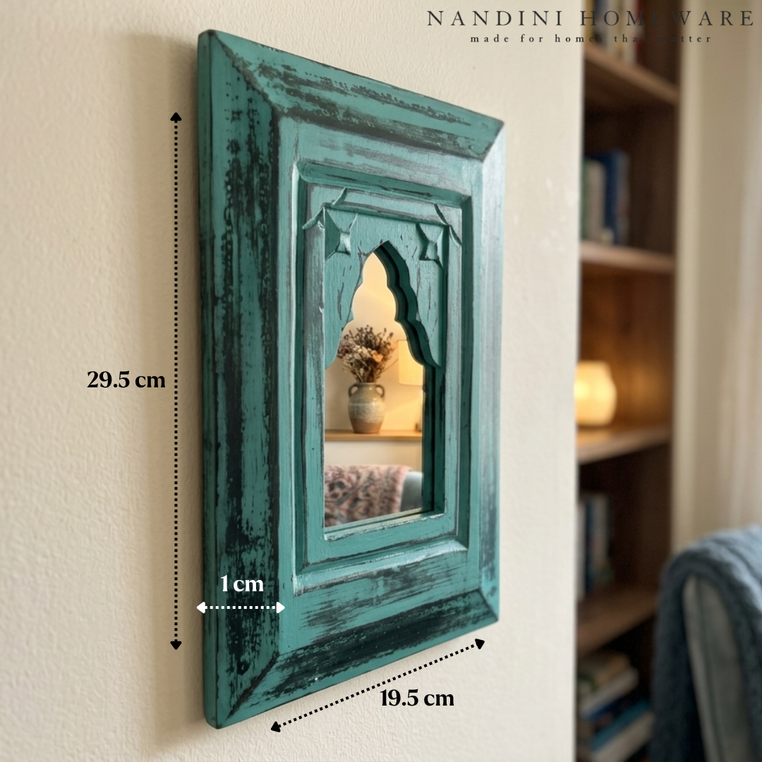 Antique MDF Wooden Jharokha with Mirror - Teal Mirror