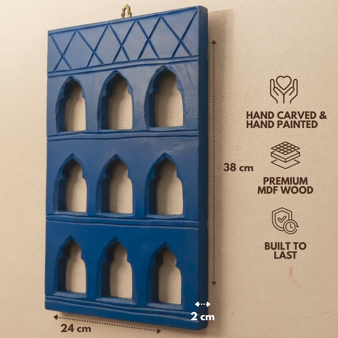 Blue MDF Wooden Jharokha - Blue Nine-Window