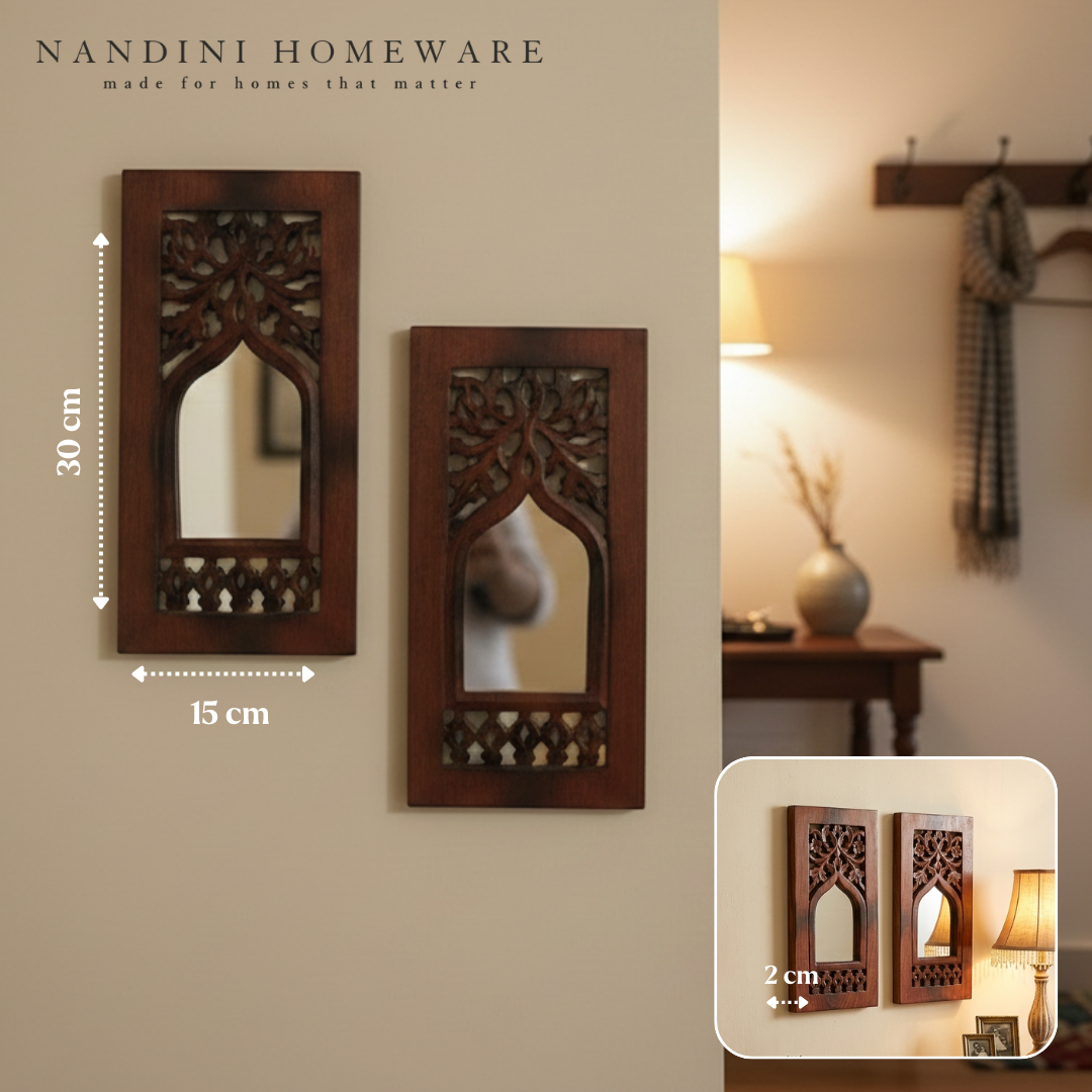 Brown MDF Wooden Floral Set of 2 Jharokha with Mirror (Brown Floral Set of 2)