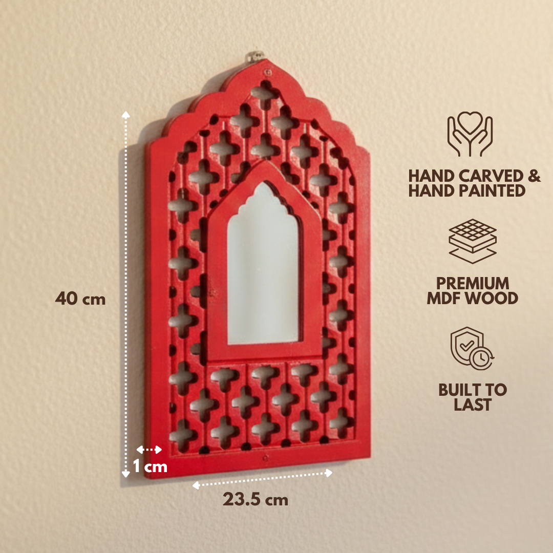 Red MDF Wooden Jharokha with Mirror - Red Mughal
