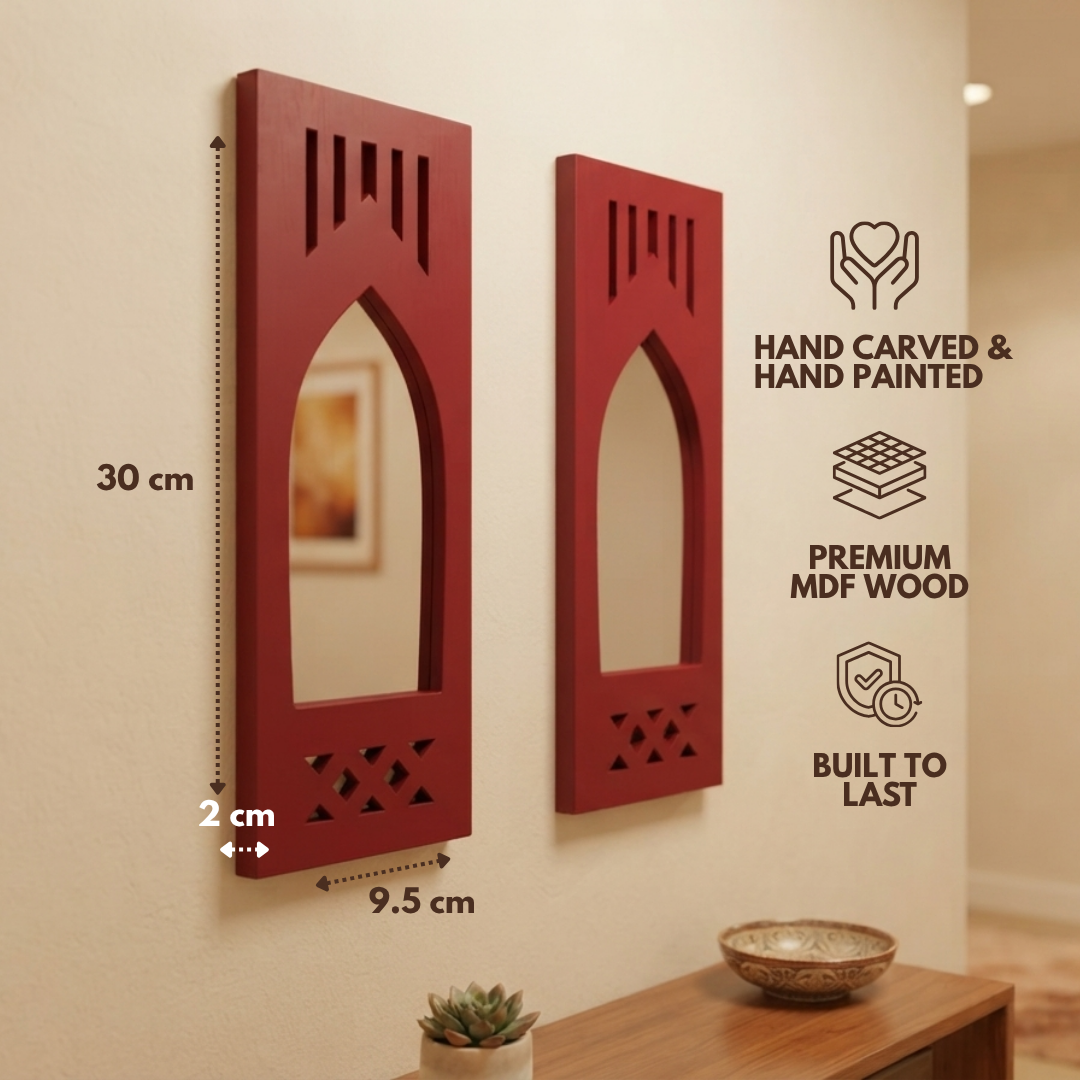 Red MDF Wooden Jharokha with Mirror - Red Modern Set of 2