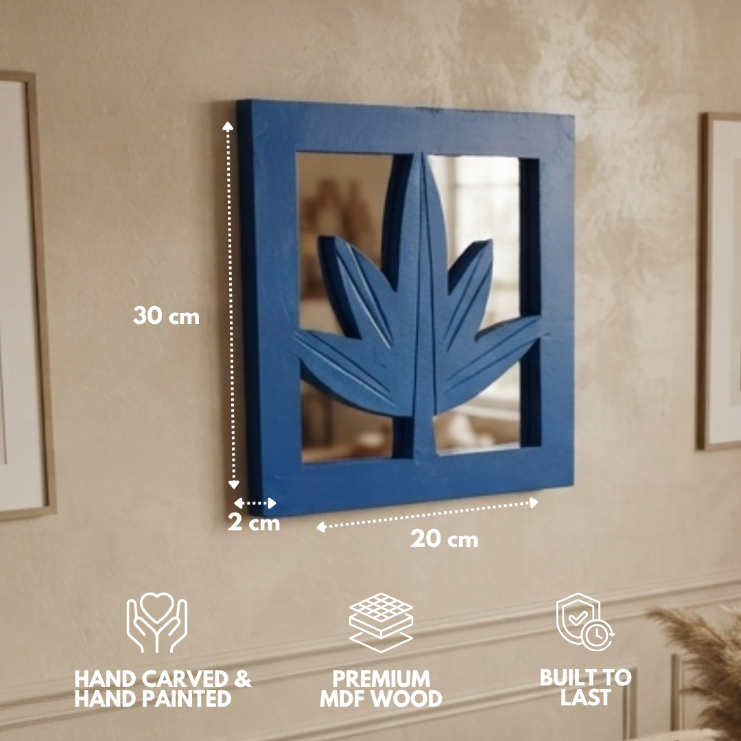 Blue MDF Wooden Jharokha with Mirror - Blue Leaf