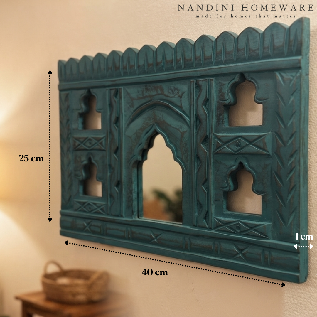 Teal MDF Wooden Jharokha with Mirror - Teal Mahal Mirror
