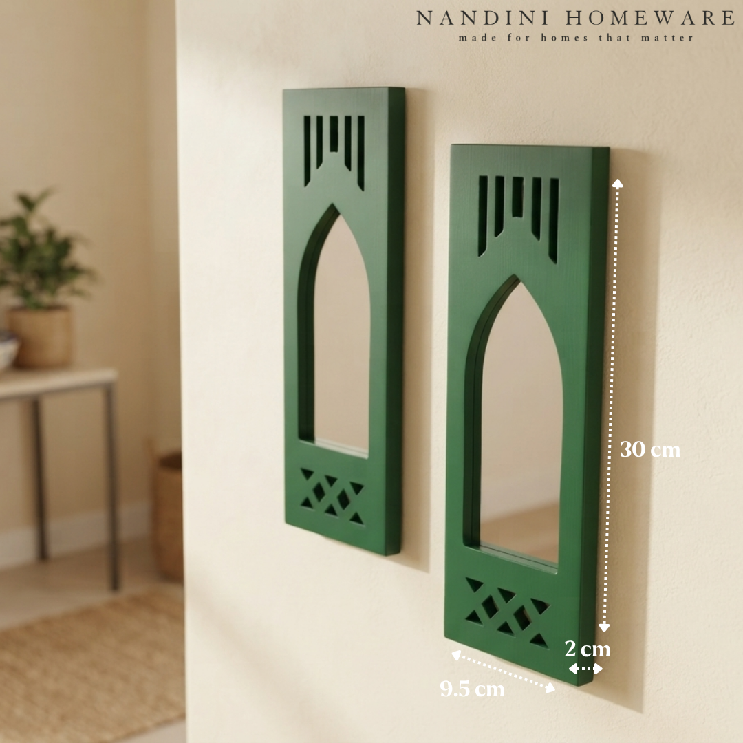 Green MDF Wooden Jharokha with Mirror - Green Modern Set of 2