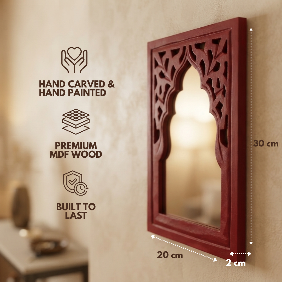 Red MDF Wooden Jharokha with Mirror - Red Rajasthani