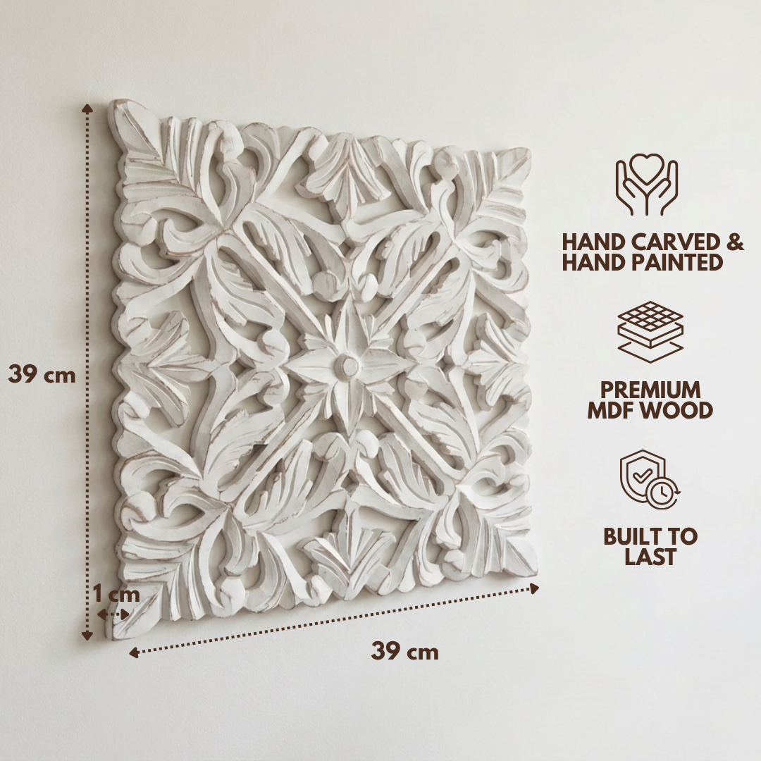 Antique Square MDF Wooden Jharokha - White Petal