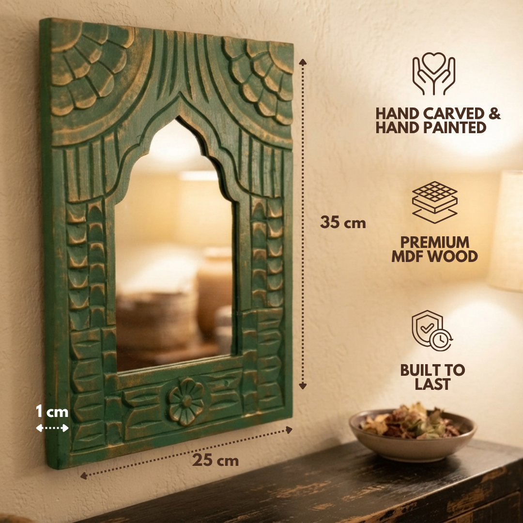 Green MDF Wooden Jharokha with Mirror - Queen's Balcony