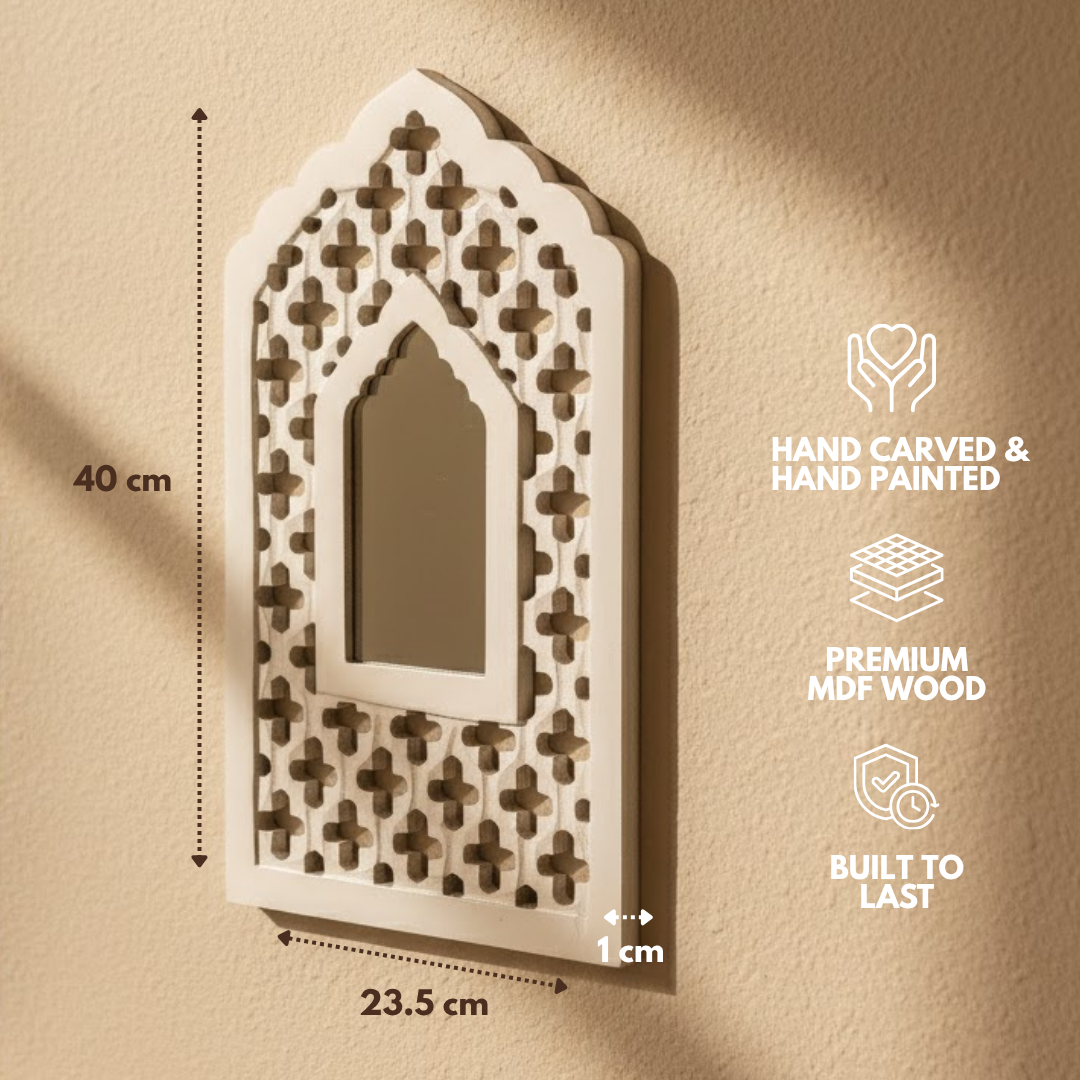 White MDF Wooden Jharokha with Mirror - White Mughal