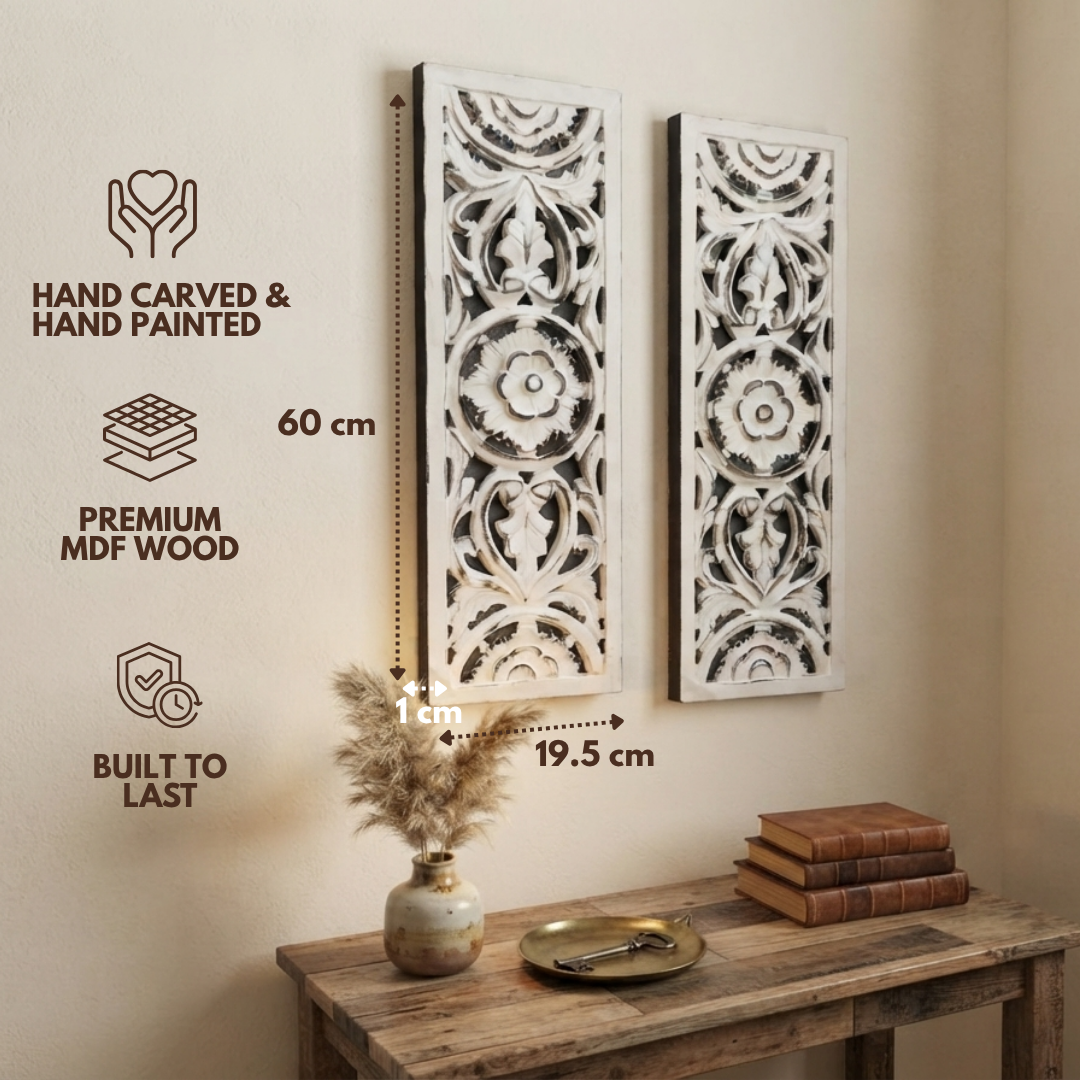 White MDF Wooden Jharokha - White Bloom Panel (Set of 2)