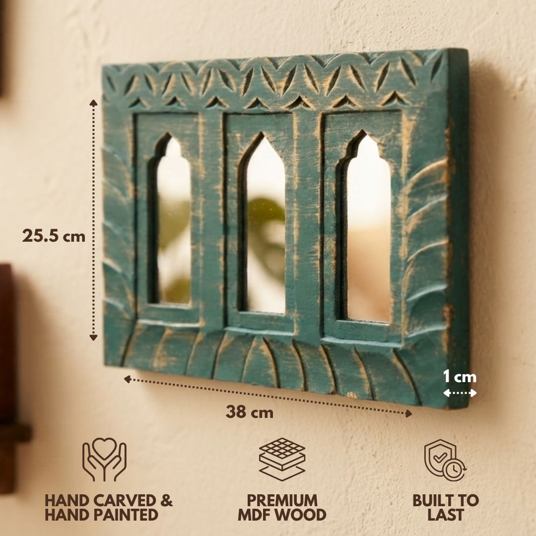 Teal MDF Wooden Jharokha with Mirror - Teal Triple Mirror