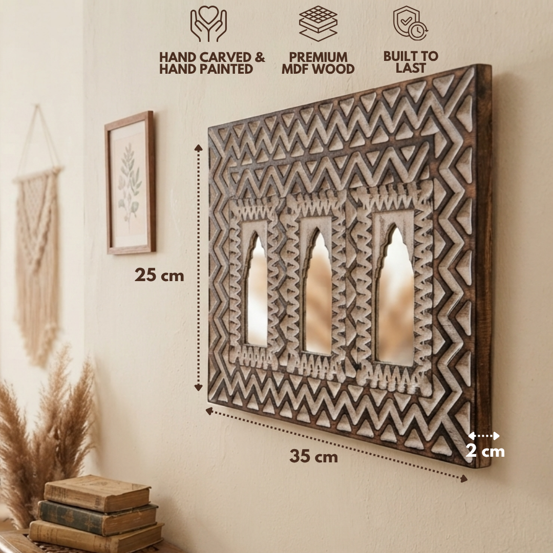 White MDF Wooden Jharokha with Mirror - White Zeenat Mirror