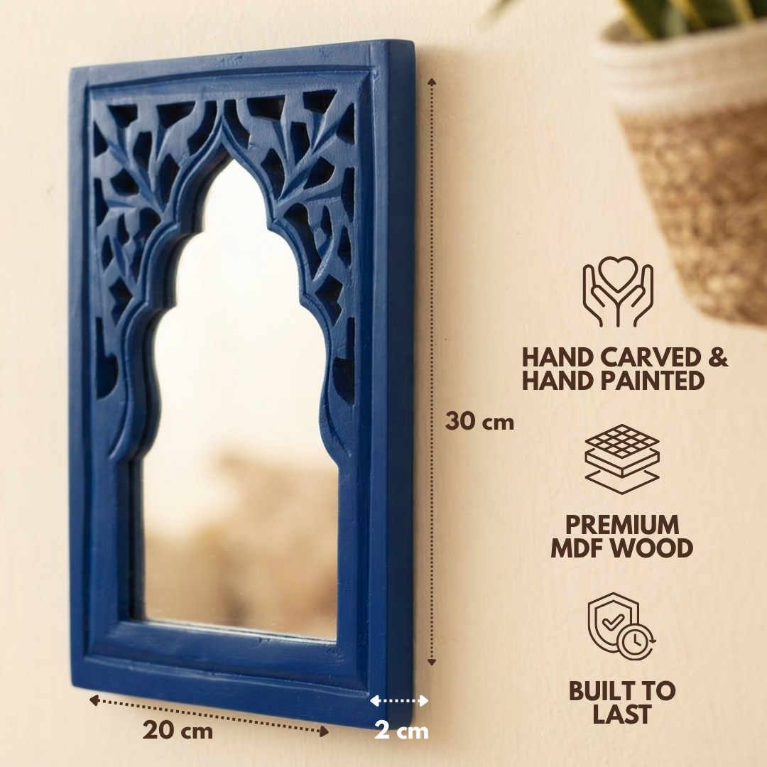 Blue MDF Wooden Jharokha with Mirror - Blue Rajasthani