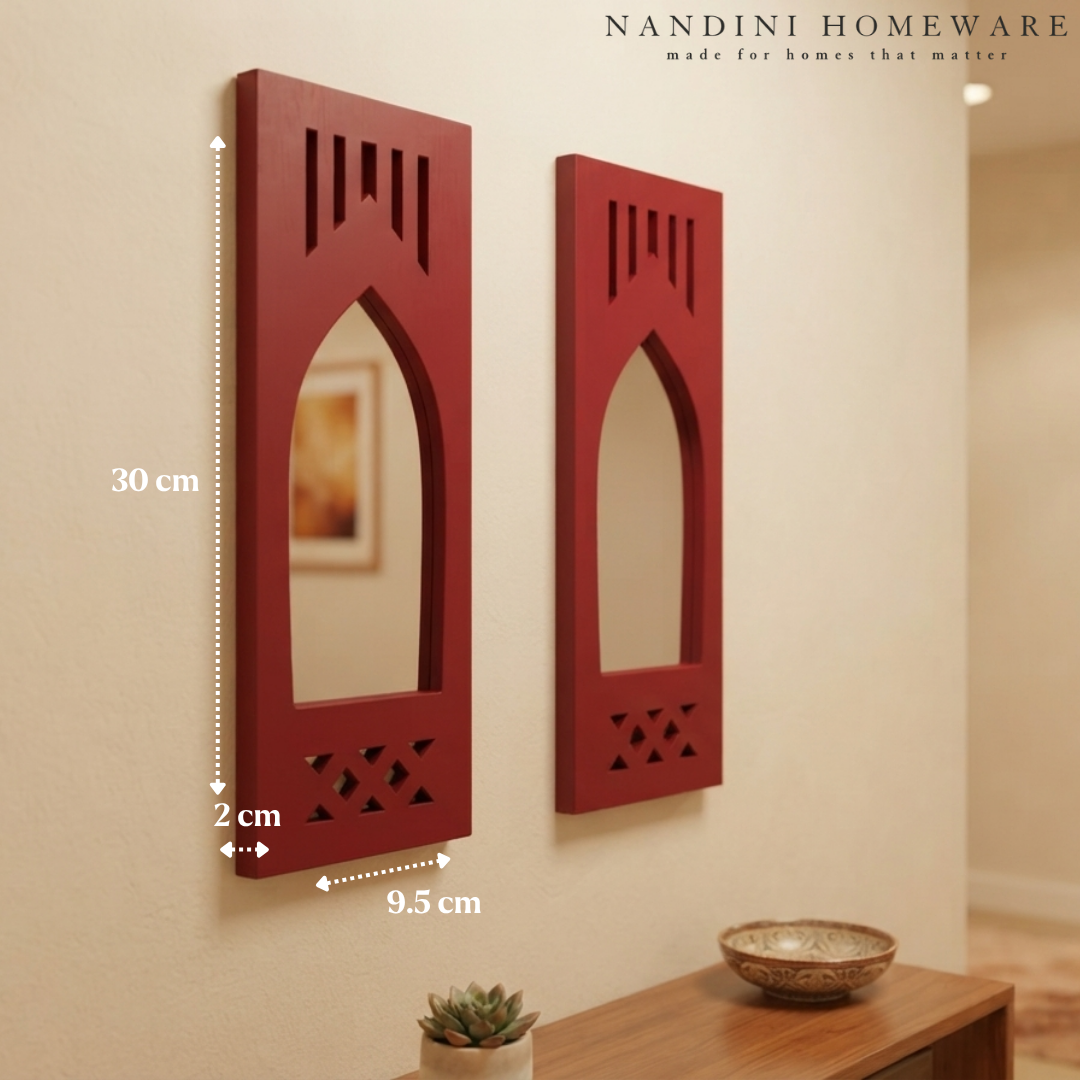 Red MDF Wooden Jharokha with Mirror - Red Modern Set of 2