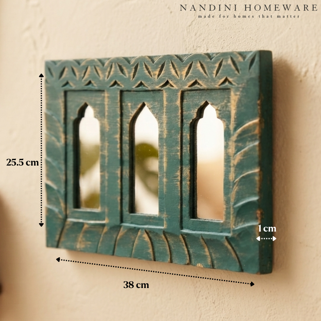 Teal MDF Wooden Jharokha with Mirror - Teal Triple Mirror