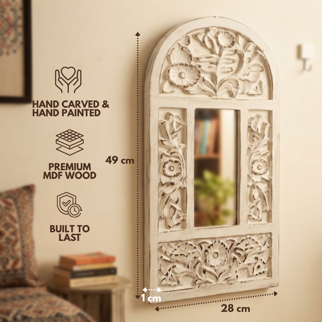 White MDF Wooden Jharokha with Mirror - White Nature's Arch