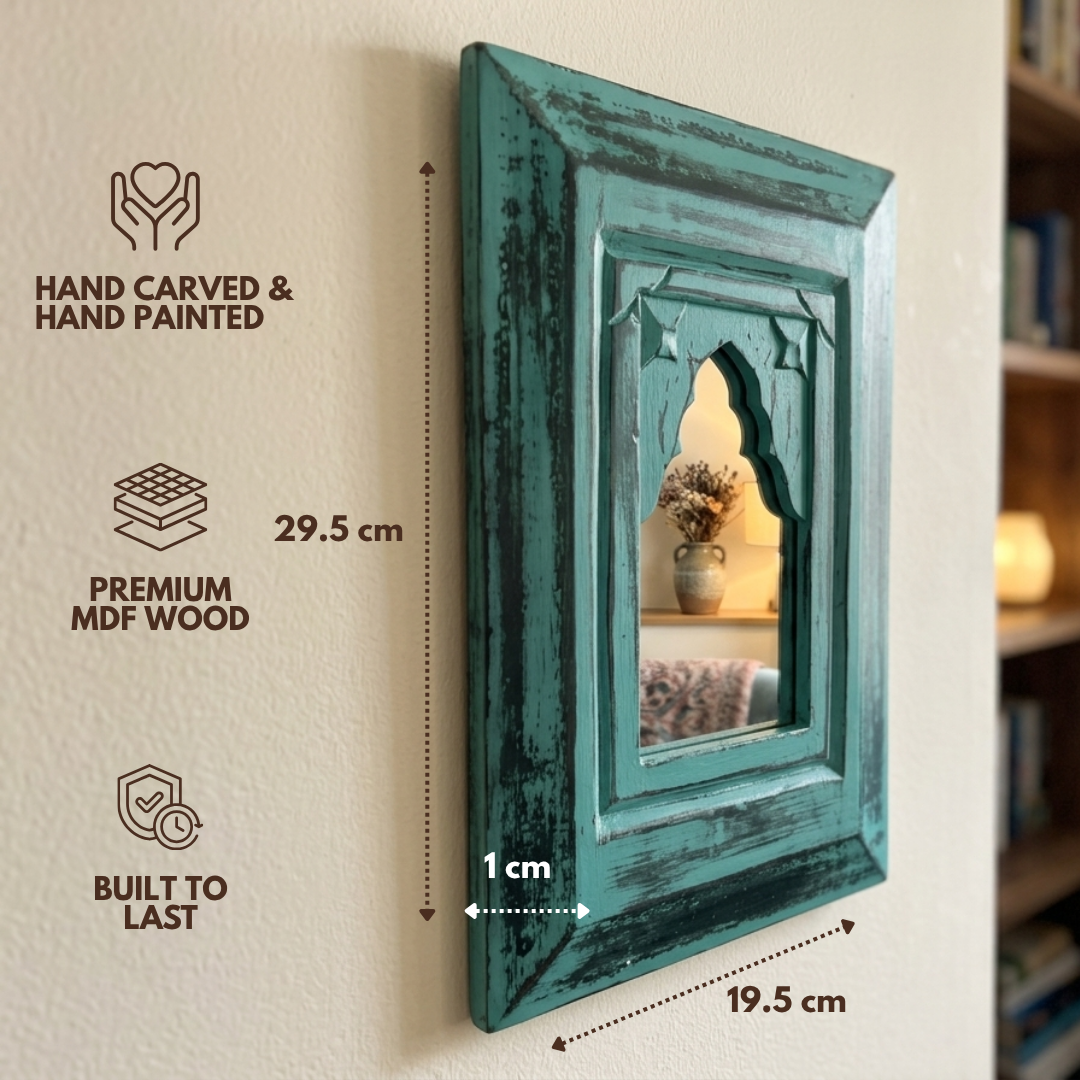 Antique MDF Wooden Jharokha with Mirror - Teal Mirror
