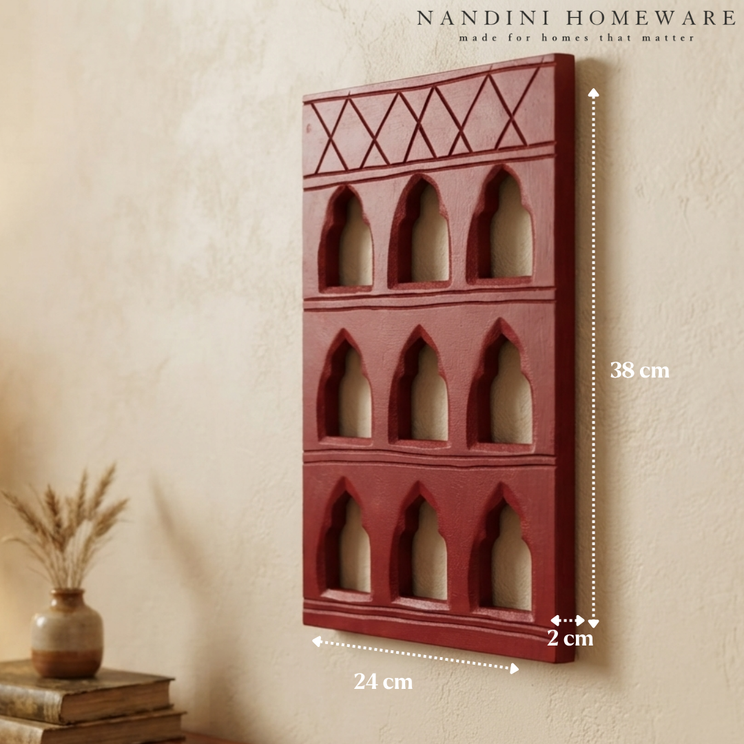 Red MDF Wooden Jharokha - Red Nine-Window