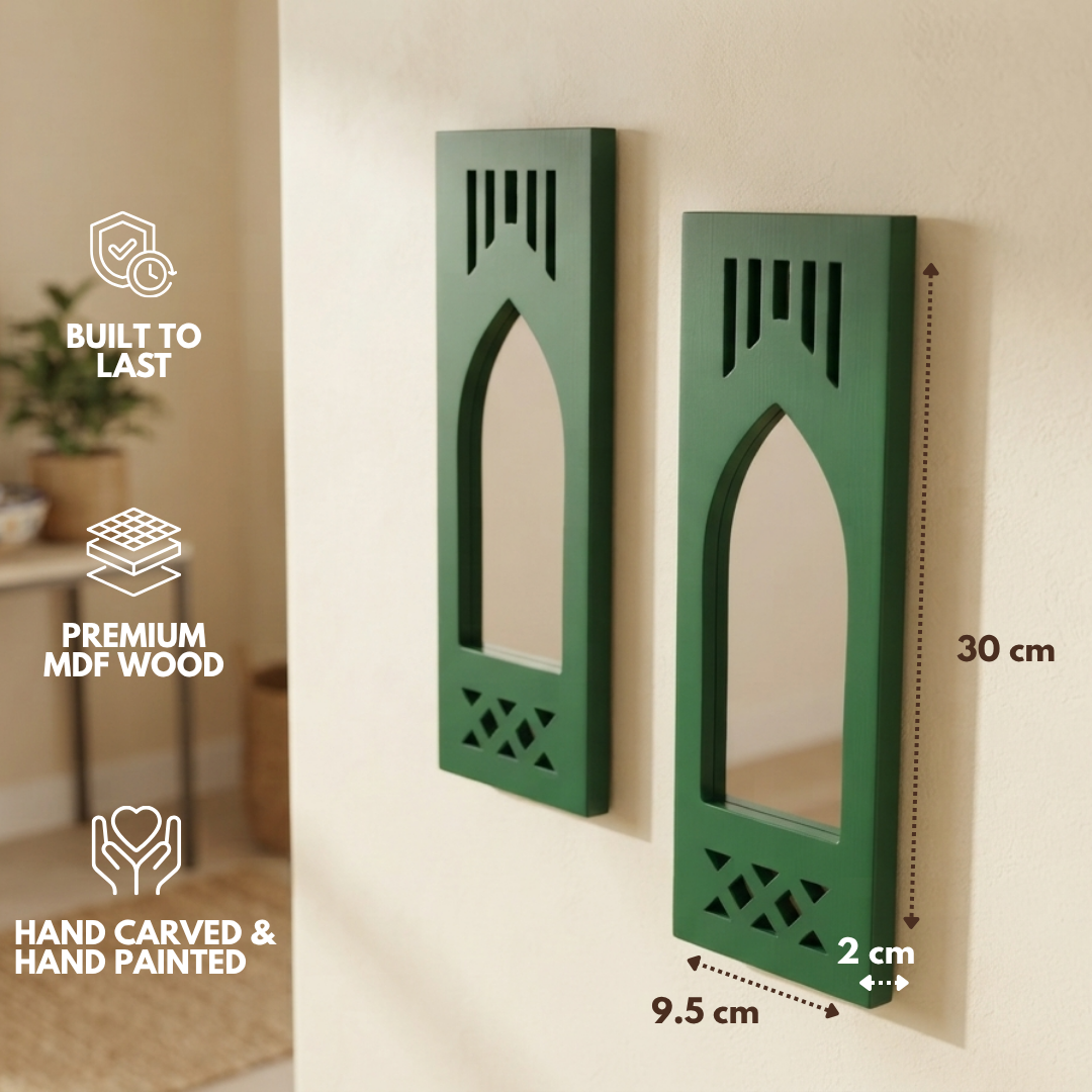 Green MDF Wooden Jharokha with Mirror - Green Modern Set of 2