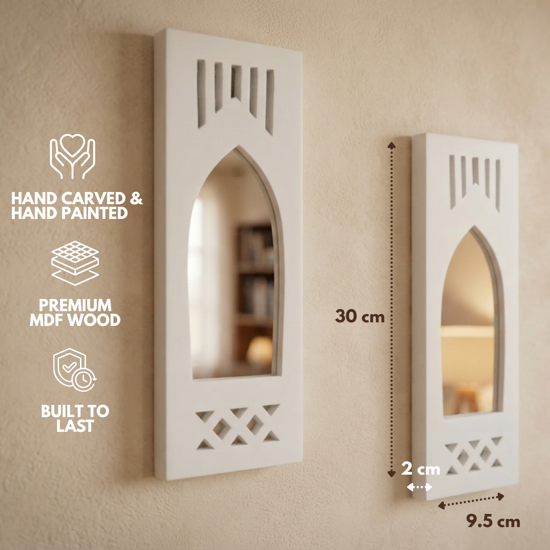 White MDF Wooden Jharokha with Mirror - White Modern Set of 2