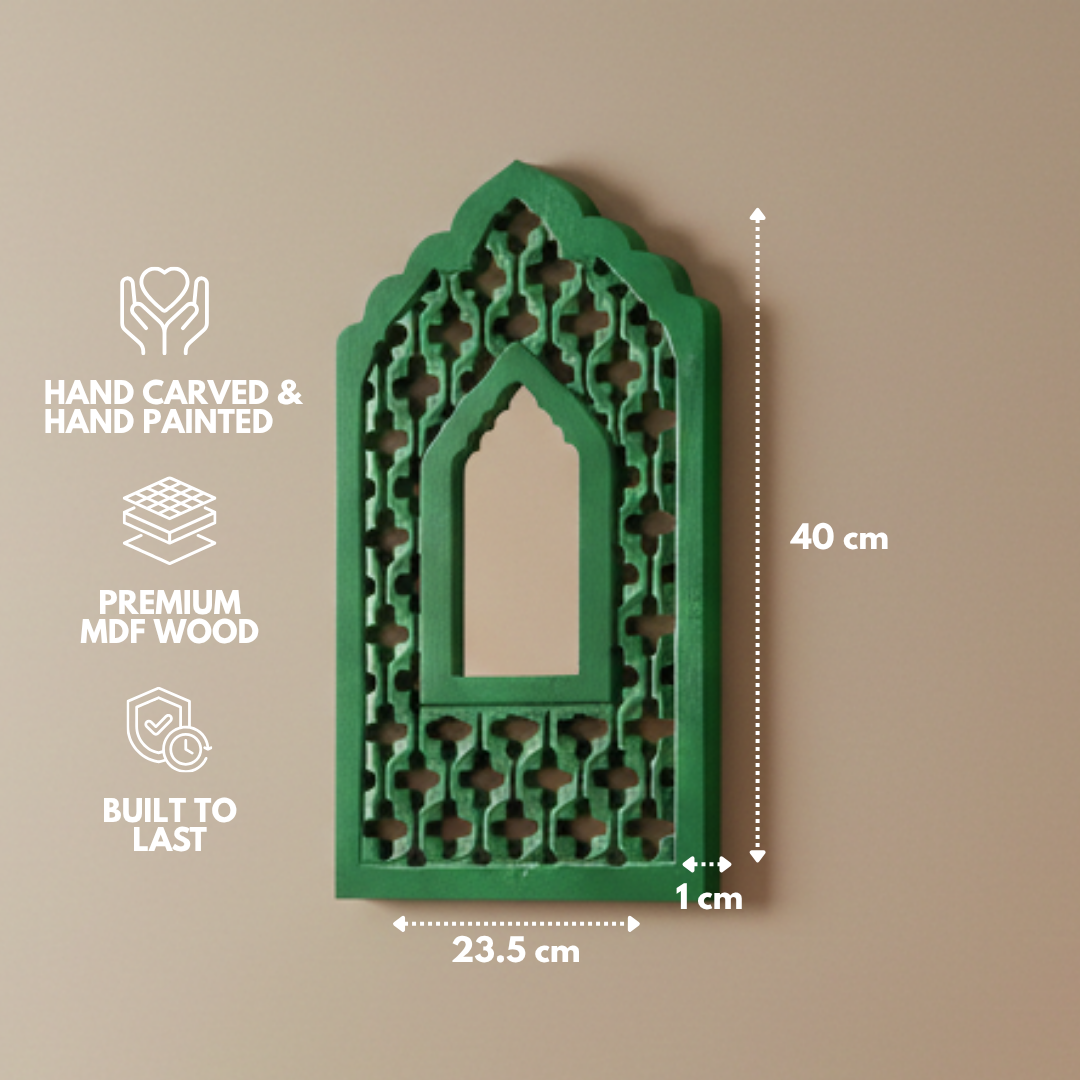 Green MDF Wooden Jharokha with Mirror - Green Mughal
