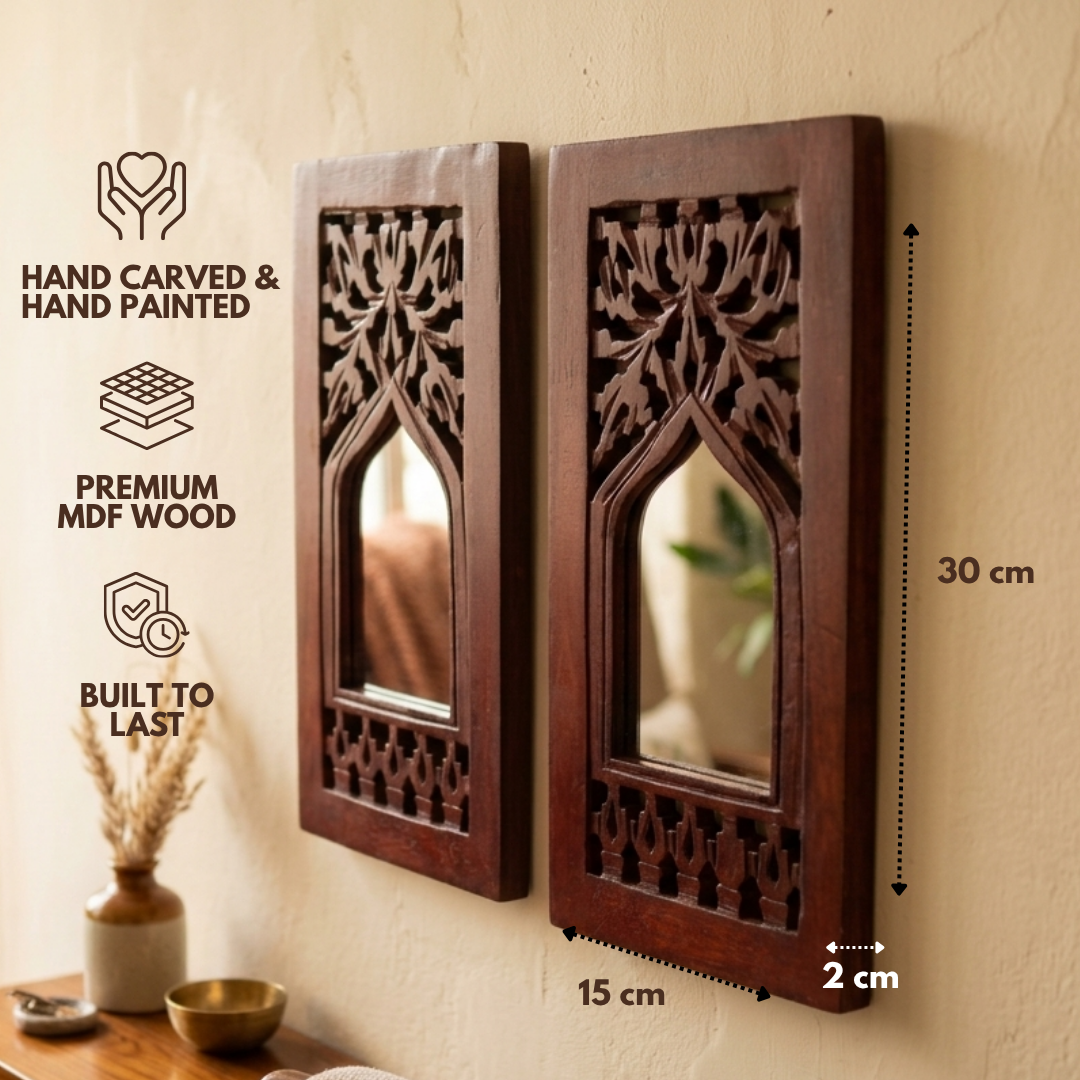 Brown MDF Wooden Jharokha with Mirror - Brown Floral Set of 2